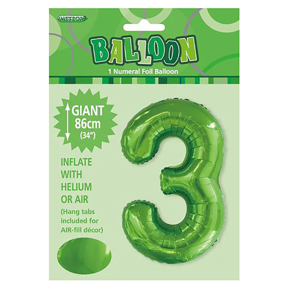 Foil Number 3 Balloon Lime Green