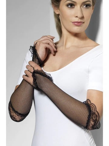 Long Black Fishnet Gloves with Lace