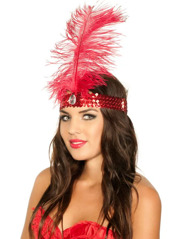 Red Flapper Headband with Feather