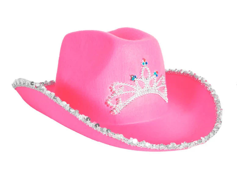 Sequin Cowboy Hat with Tiara - Hot Pink