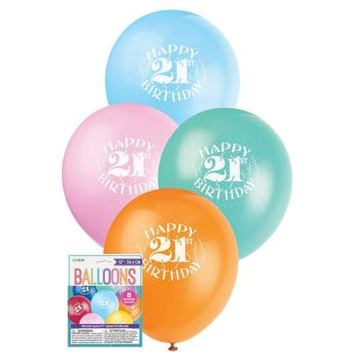 21st Birthday Latex Balloons - Assorted Colours