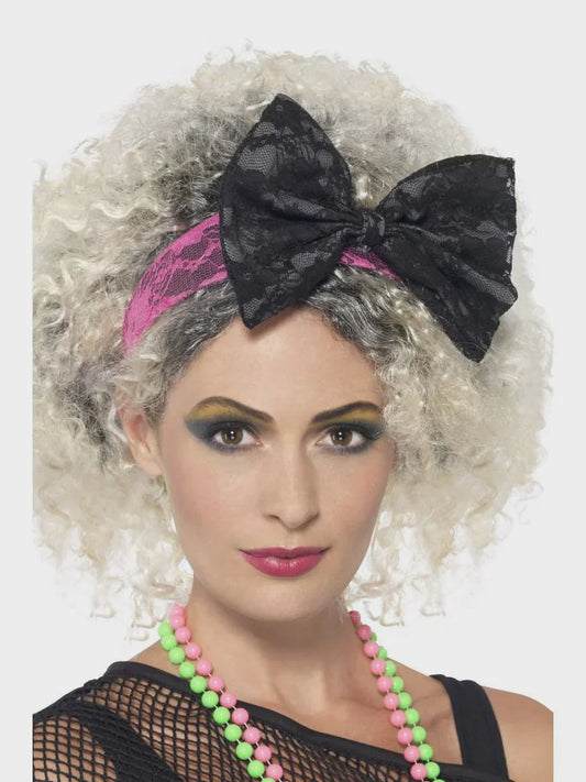 80s Lace Headband with Bow - Pink