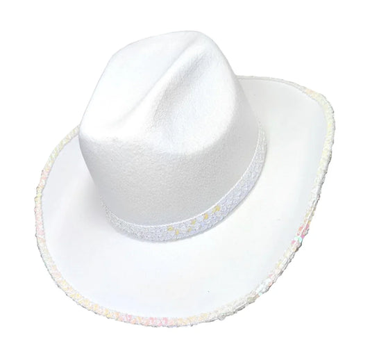 Cowboy Hat With Sequin Trim - White