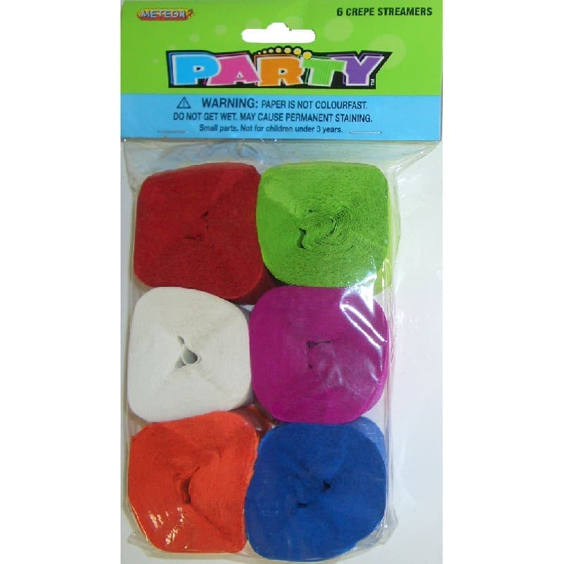 Crepe Paper Streamer - (Pk 6) Assorted Colours