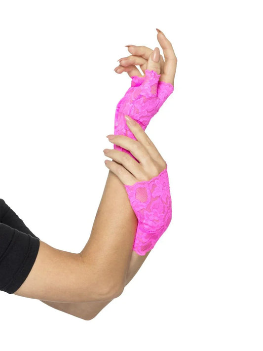 Fingerless Lace Gloves Neon Pink