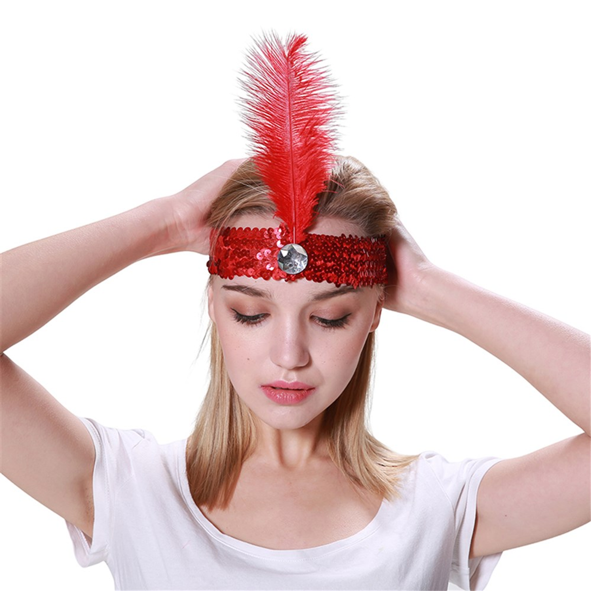 Flapper Headband with Feather - Red