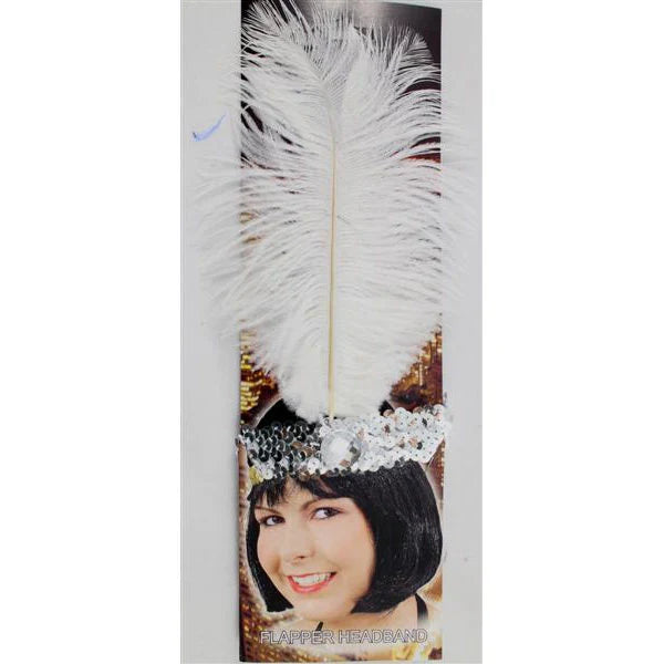 Flapper Headband with Feather - White