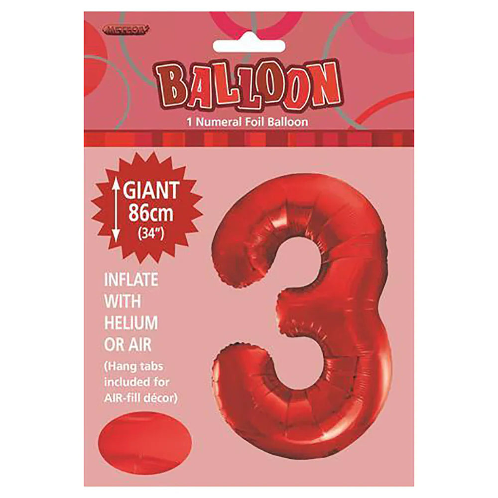 Foil Number 3 Balloon Red