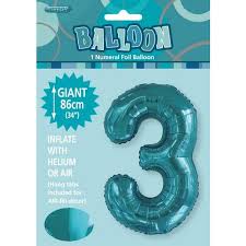 Foil Number 3 Balloon Teal Blue