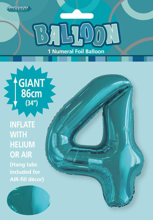 Foil Number 4 Balloon Teal Blue