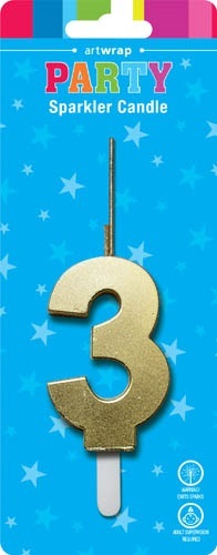 Gold Number 3 Sparkler Candle