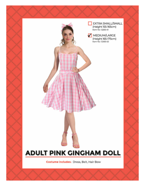 Pink Gingham Doll Costume - Adult - M-L