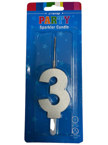 Silver Number 3 Sparkler Candle