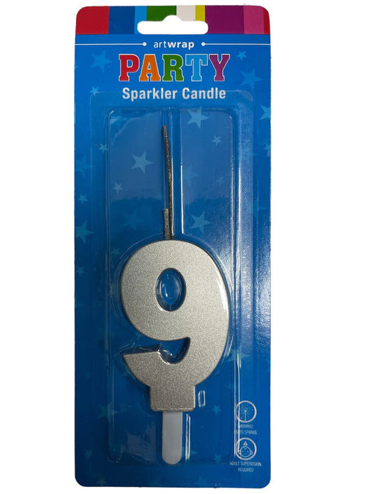 Silver Number 9 Sparkler Candle